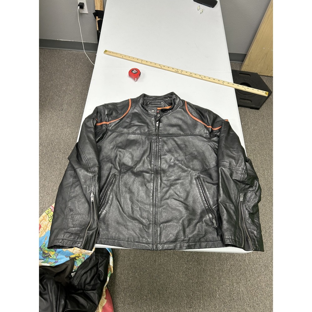 Street Legal Leather Motorcycle Jacket Mens XL Black Orange Piping Cafe Racer